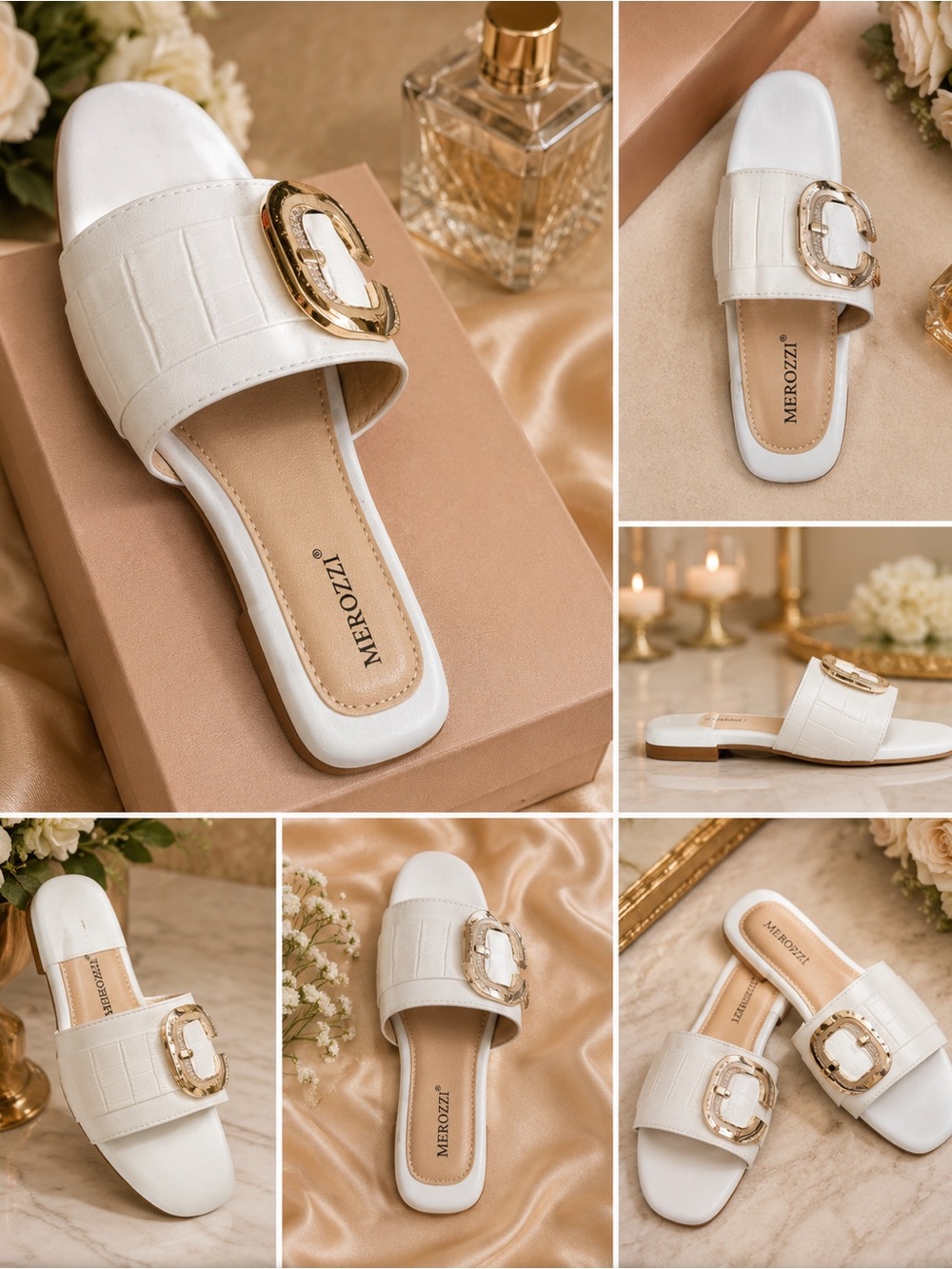Women's White Slide Sandals with Gold Buckle